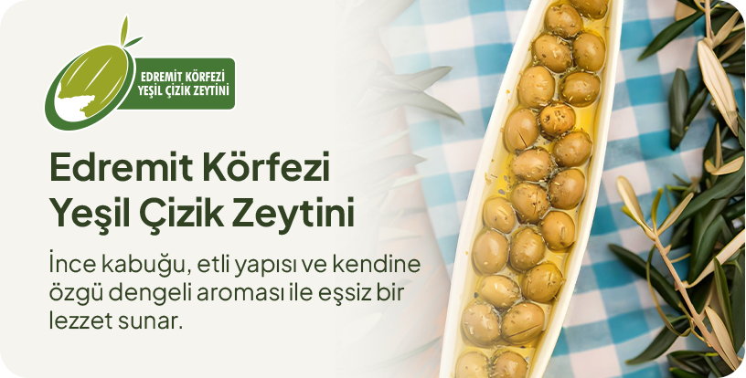Edremit Körfezi Yeşil Çizik Zeytini — ince kabuğu, etli yapısı ve kendine özgü dengeli aroması ile eşsiz bir lezzet sunar.